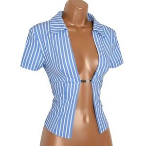 New Small Baby Blue Stripe‎ Short Sleeve Open Front Crop Top Metal Clasp Closure